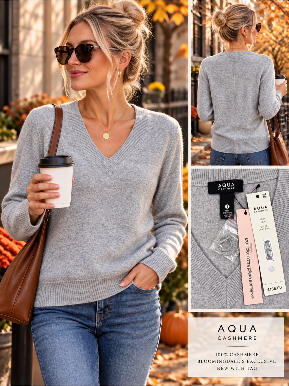 AQUA Cashmere 100% Cashmere V-Neck Sweater Light Gray S NWT